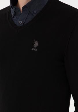 Erkek Slim Fit V Yaka Siyah Basic Kazak - 50288886014