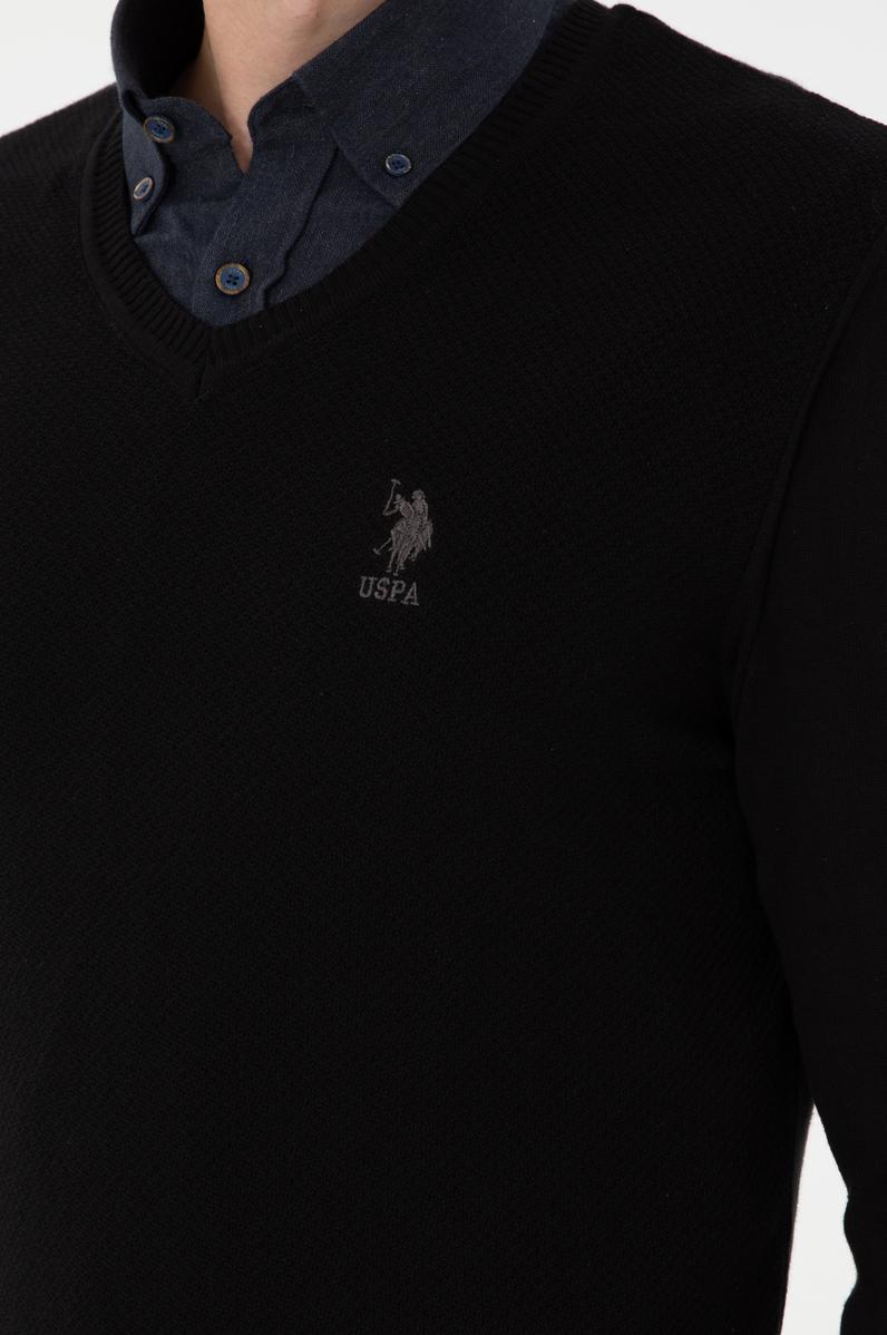 Erkek Slim Fit V Yaka Siyah Basic Kazak