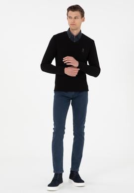 Erkek Slim Fit V Yaka Siyah Basic Kazak - 50288886014
