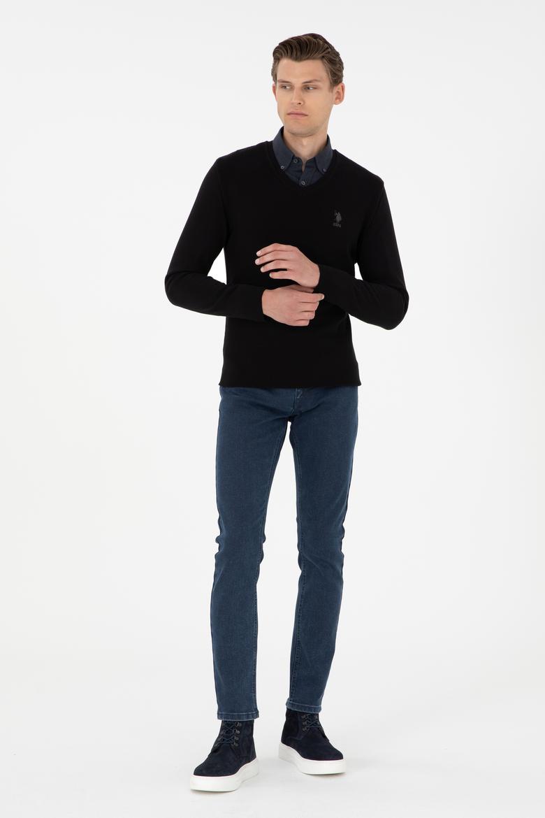 Erkek Slim Fit V Yaka Siyah Basic Kazak - 50288886014