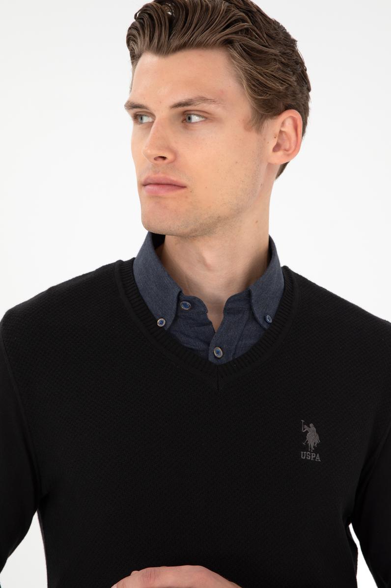 Erkek Slim Fit V Yaka Siyah Basic Kazak