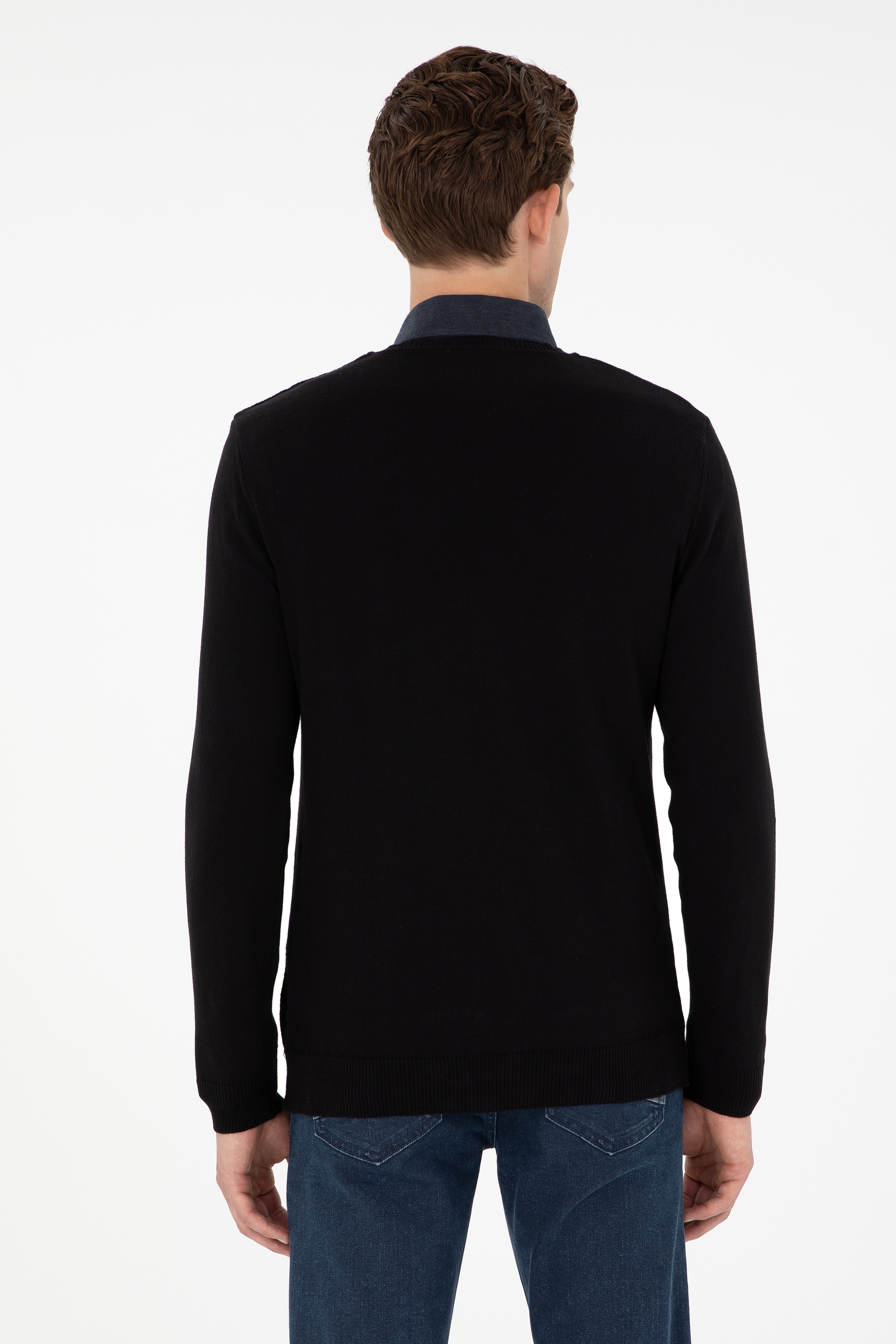 Erkek Slim Fit V Yaka Siyah Basic Kazak - Image 5