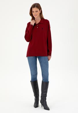 Kadın Bordo Polo Yaka Kazak - 50297091008