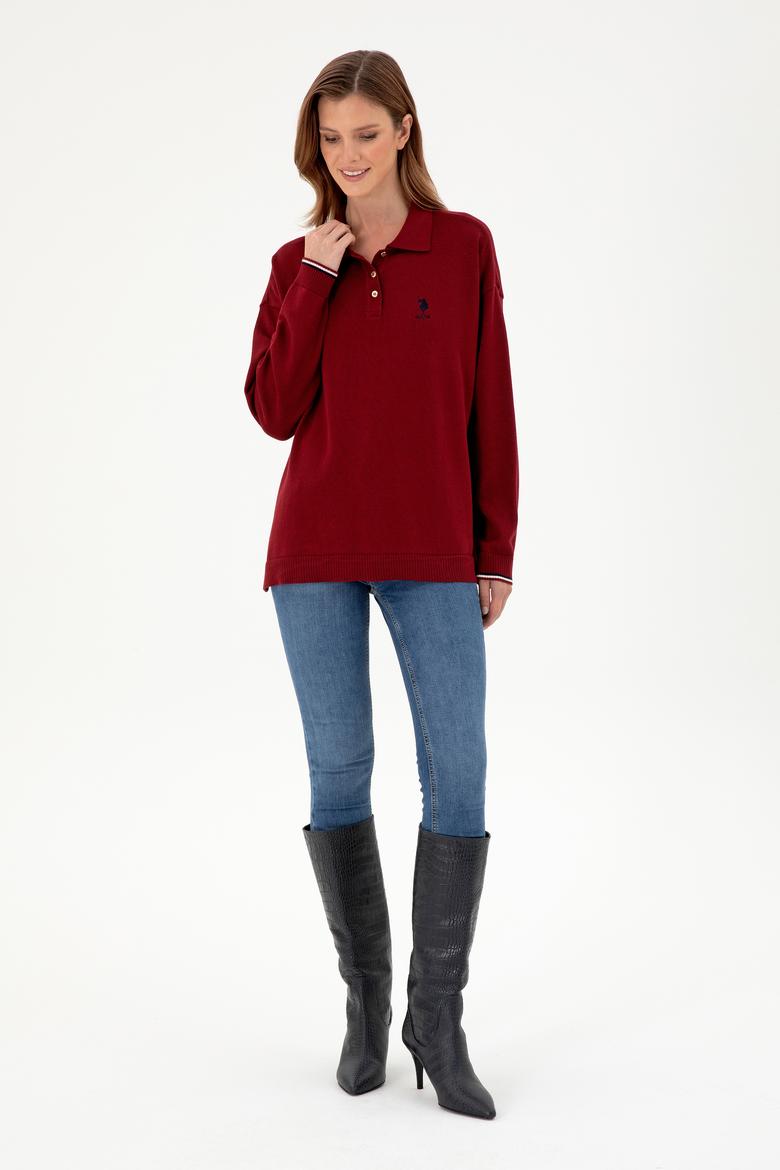 Kadın Bordo Polo Yaka Kazak - 50297091008