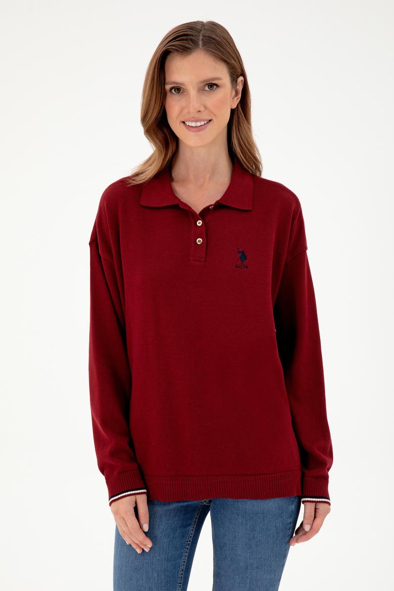 Kadın Bordo Polo Yaka Kazak - 50297091008