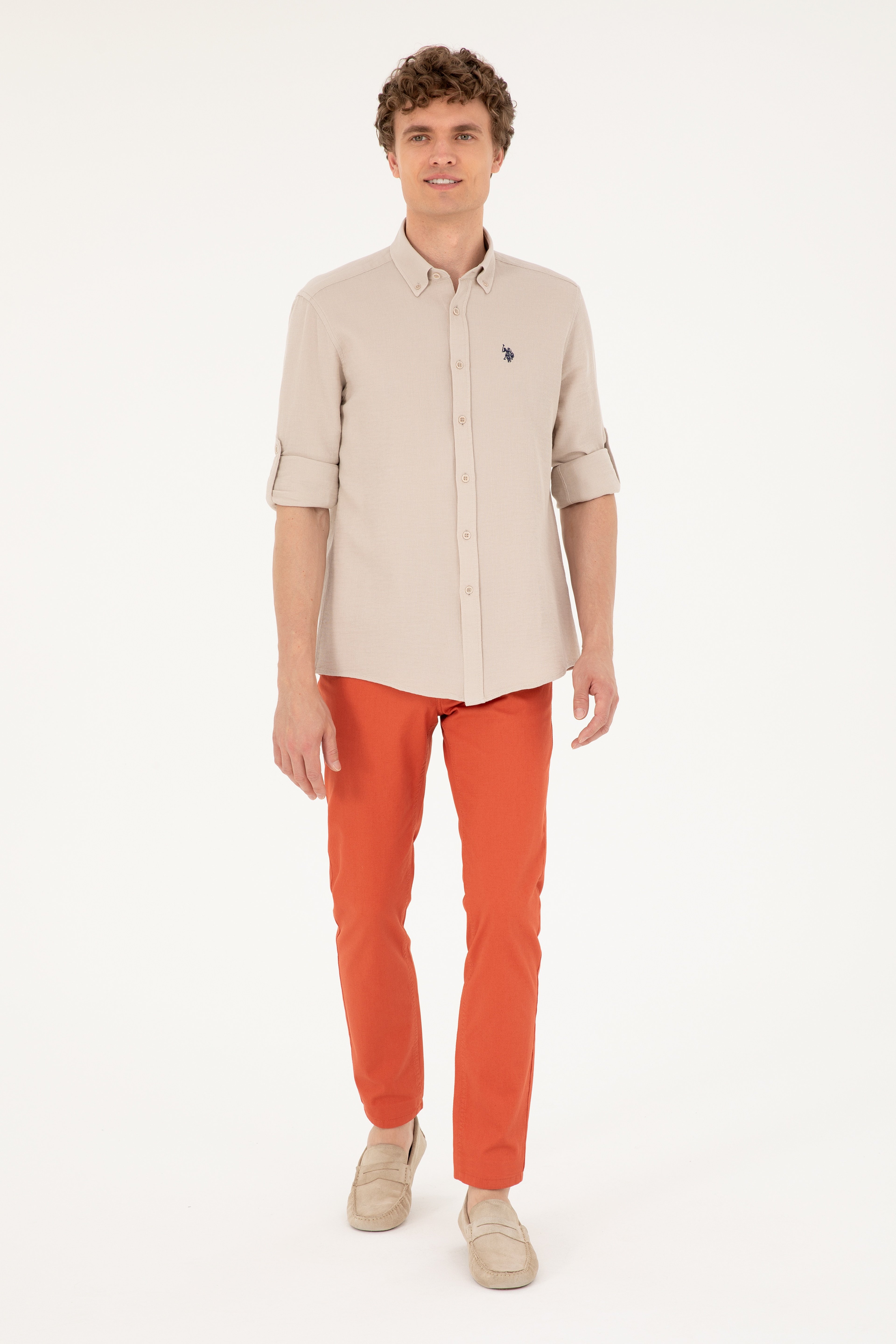 Erkek Slim Fit Pudra Kanvas / Chino Pantolon