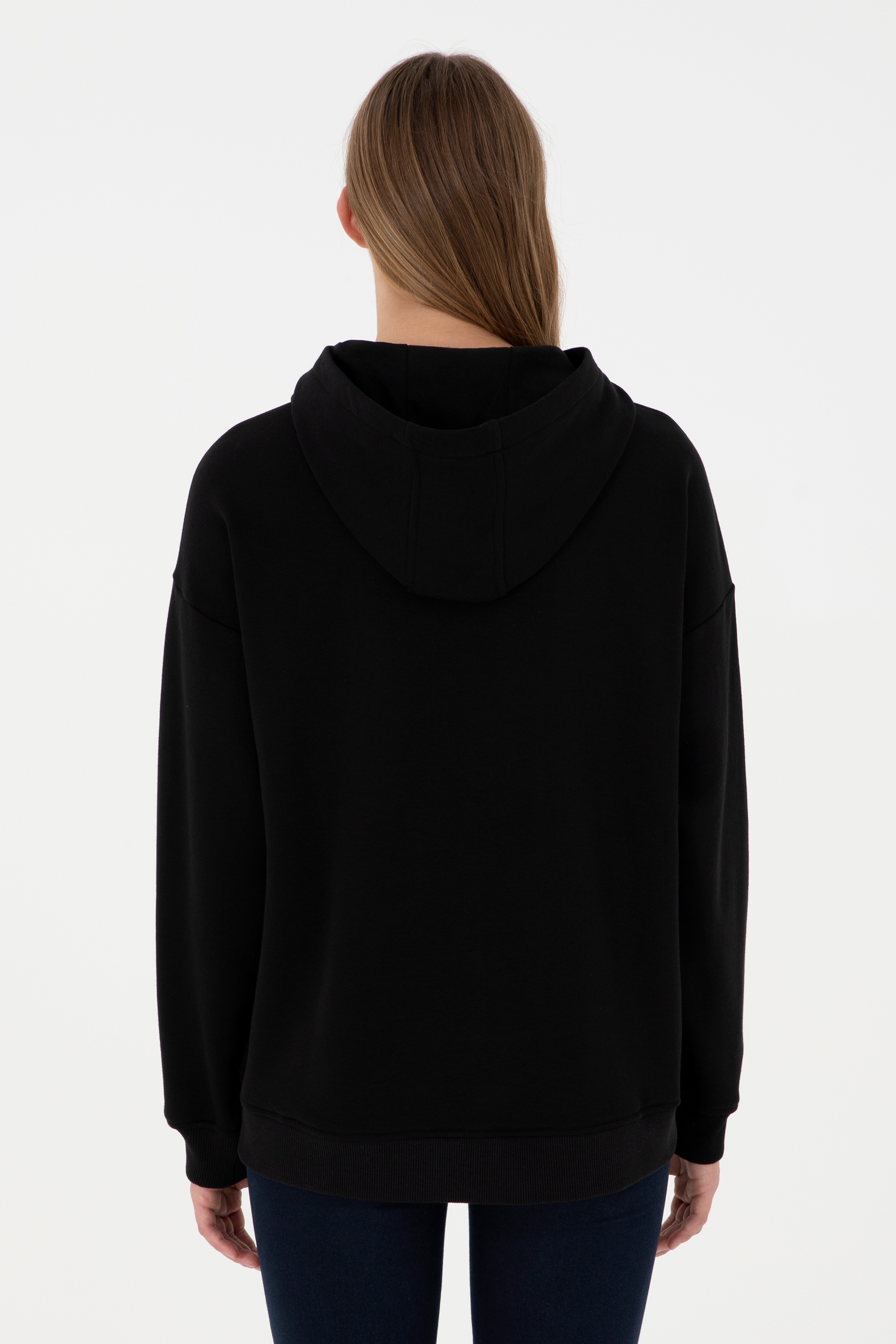 Kadın Siyah Kapüşonlu Sweatshirt - Image 5