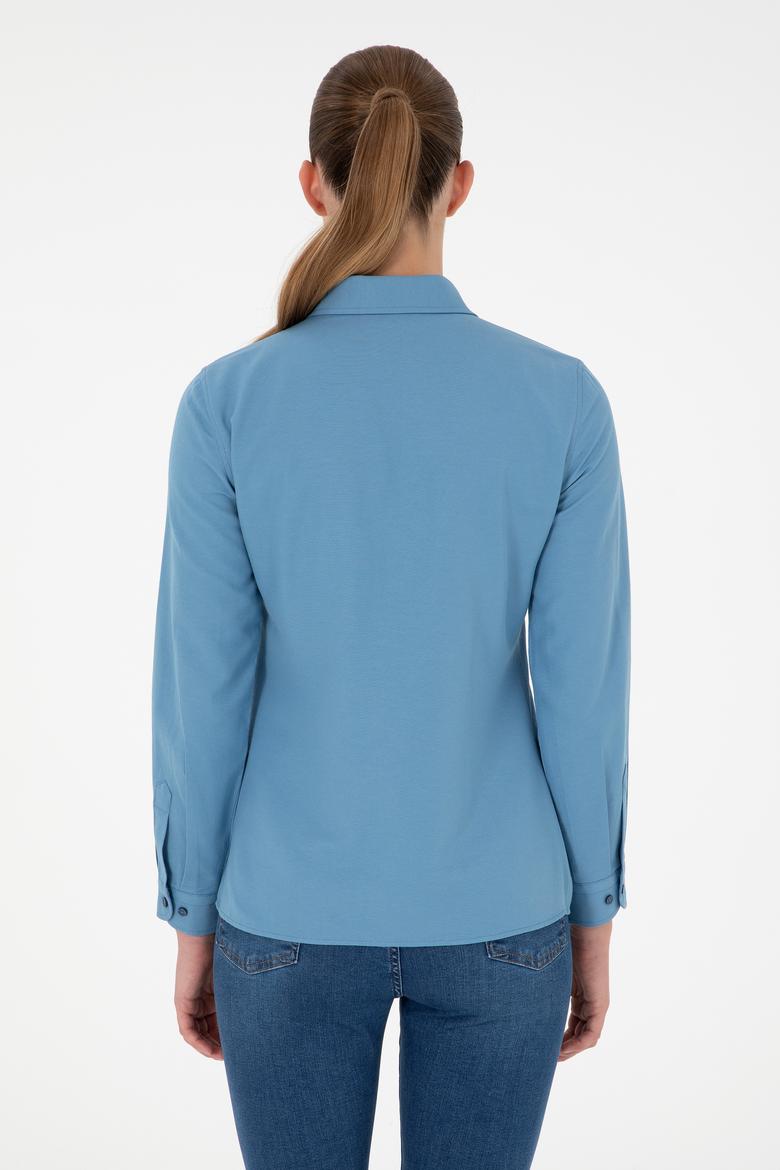 Kadın Saks Uzun Kollu Basic Gömlek - 50295711018