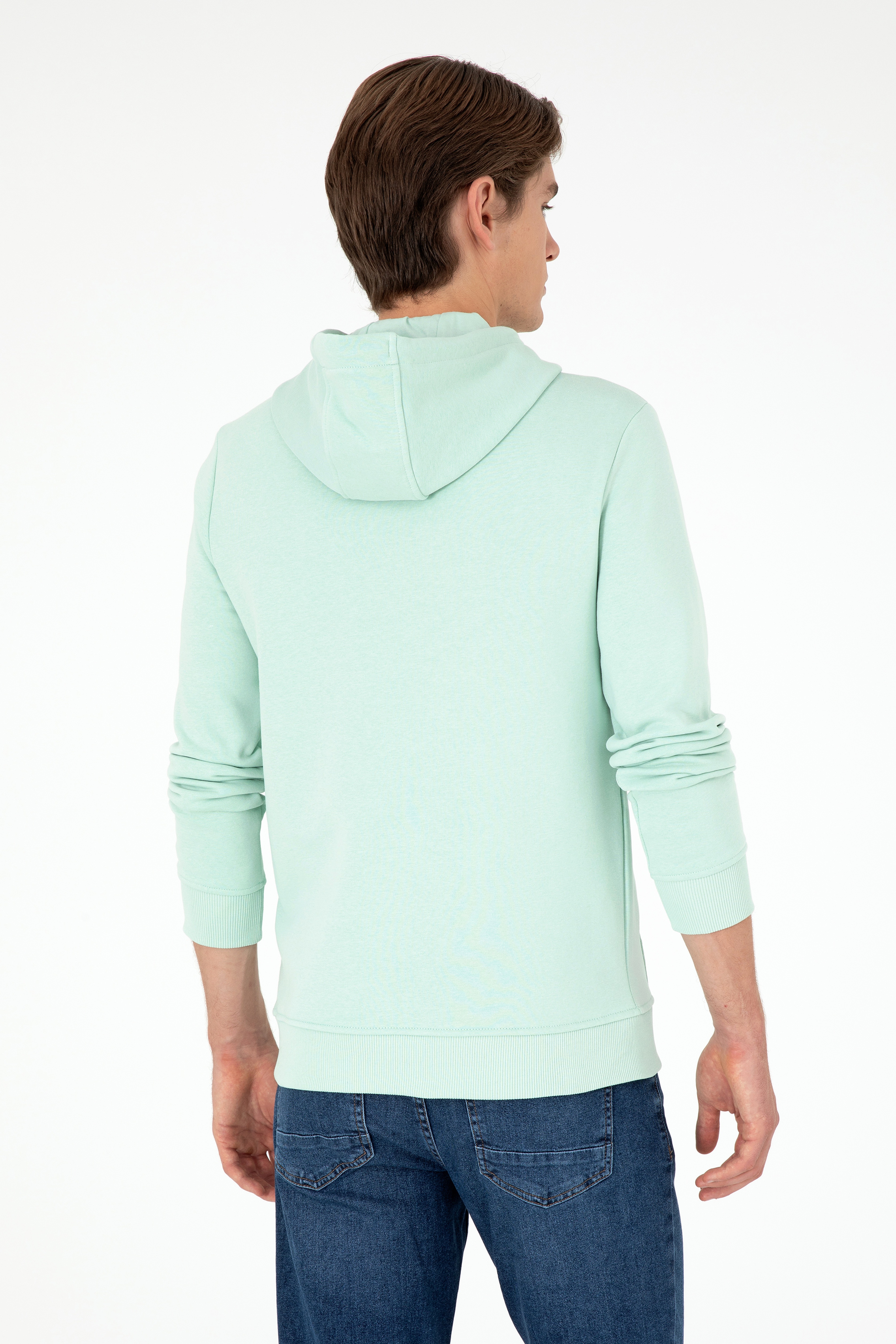 Erkek Kapüşonlu Su Yeşili Basic Şardonlu Sweatshirt