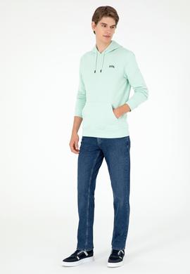 Erkek Kapüşonlu Su Yeşili Basic Şardonlu Sweatshirt - 50295176093