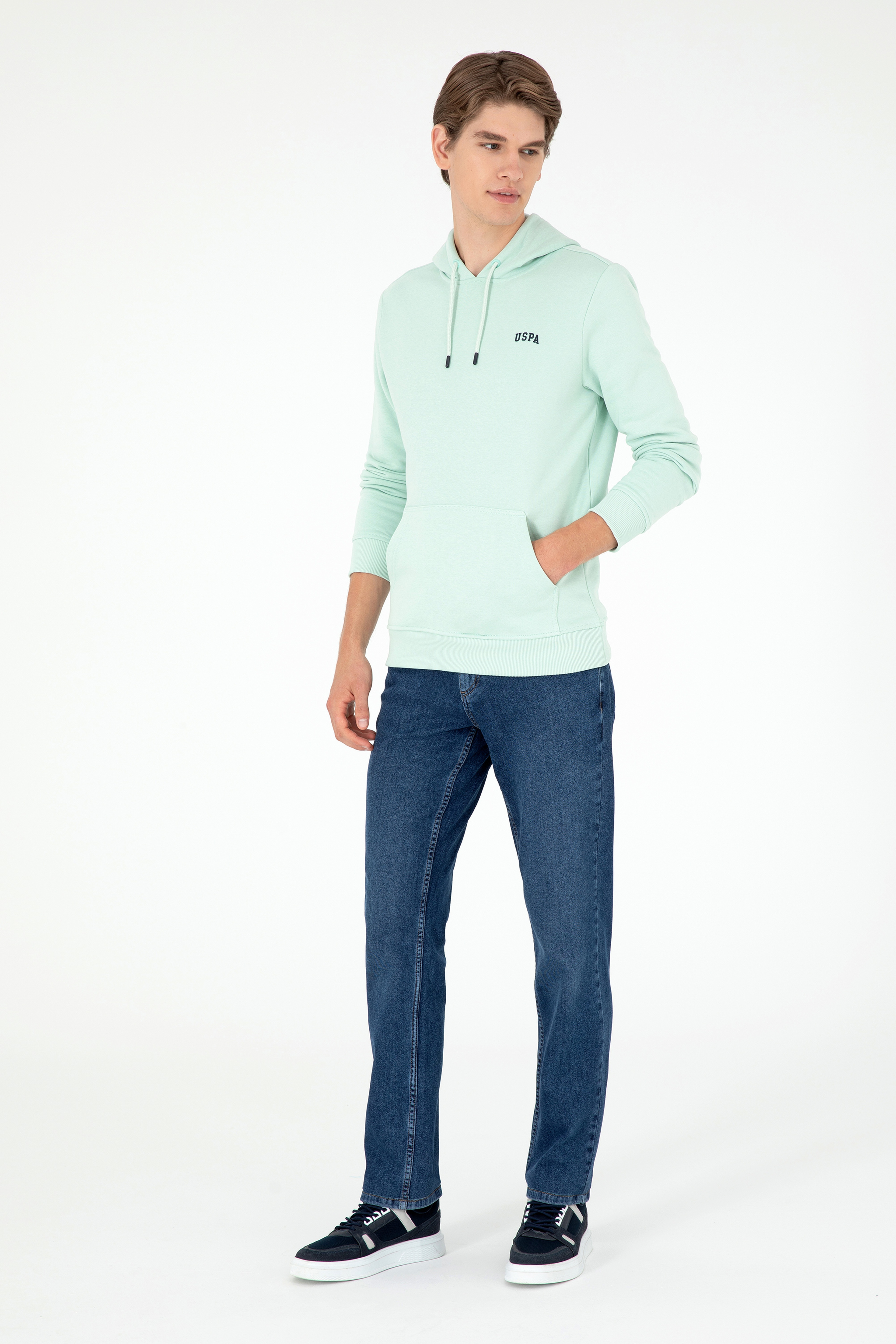 Erkek Kapüşonlu Su Yeşili Basic Şardonlu Sweatshirt