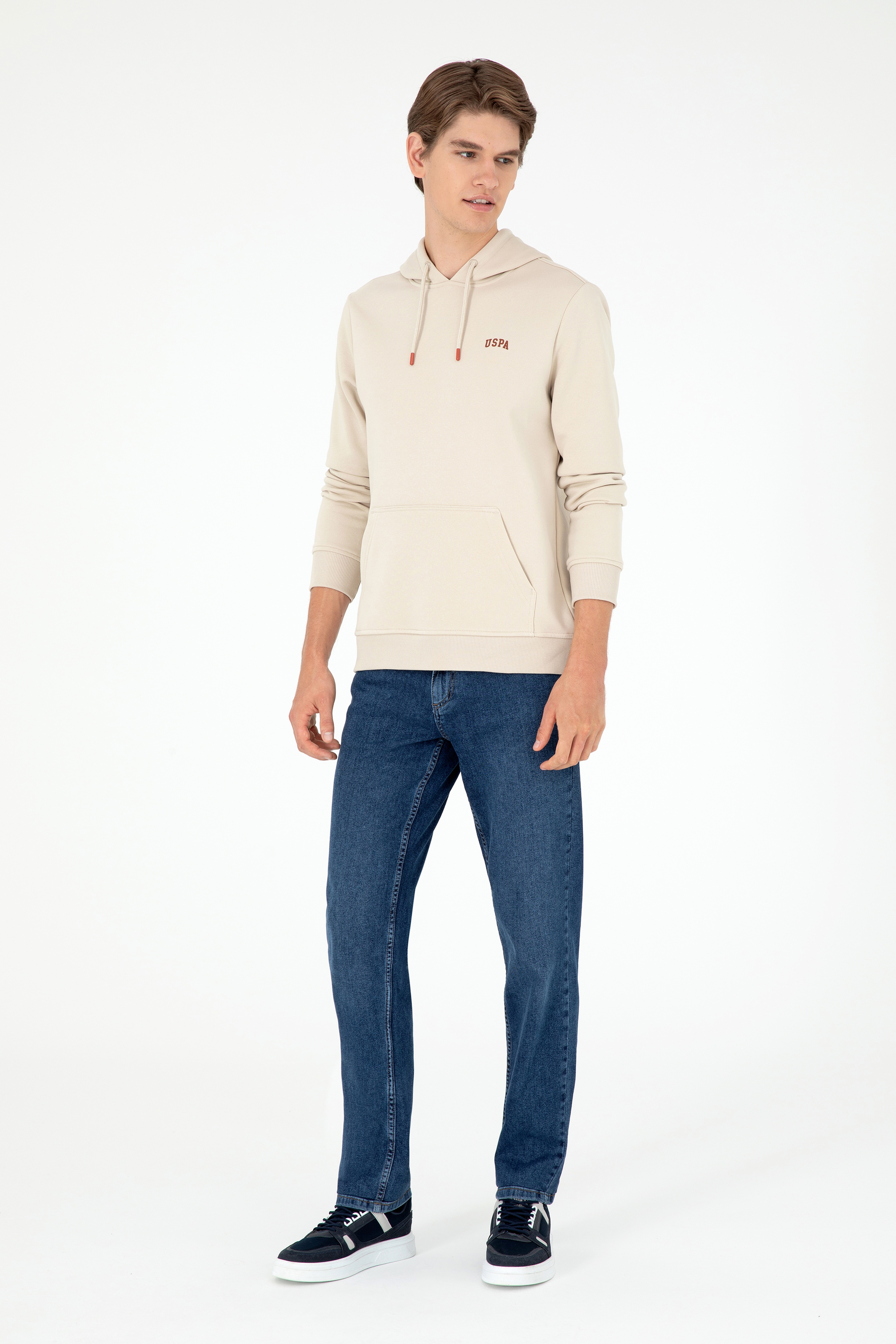 Erkek Kapüşonlu Taş Basic Şardonlu Sweatshirt