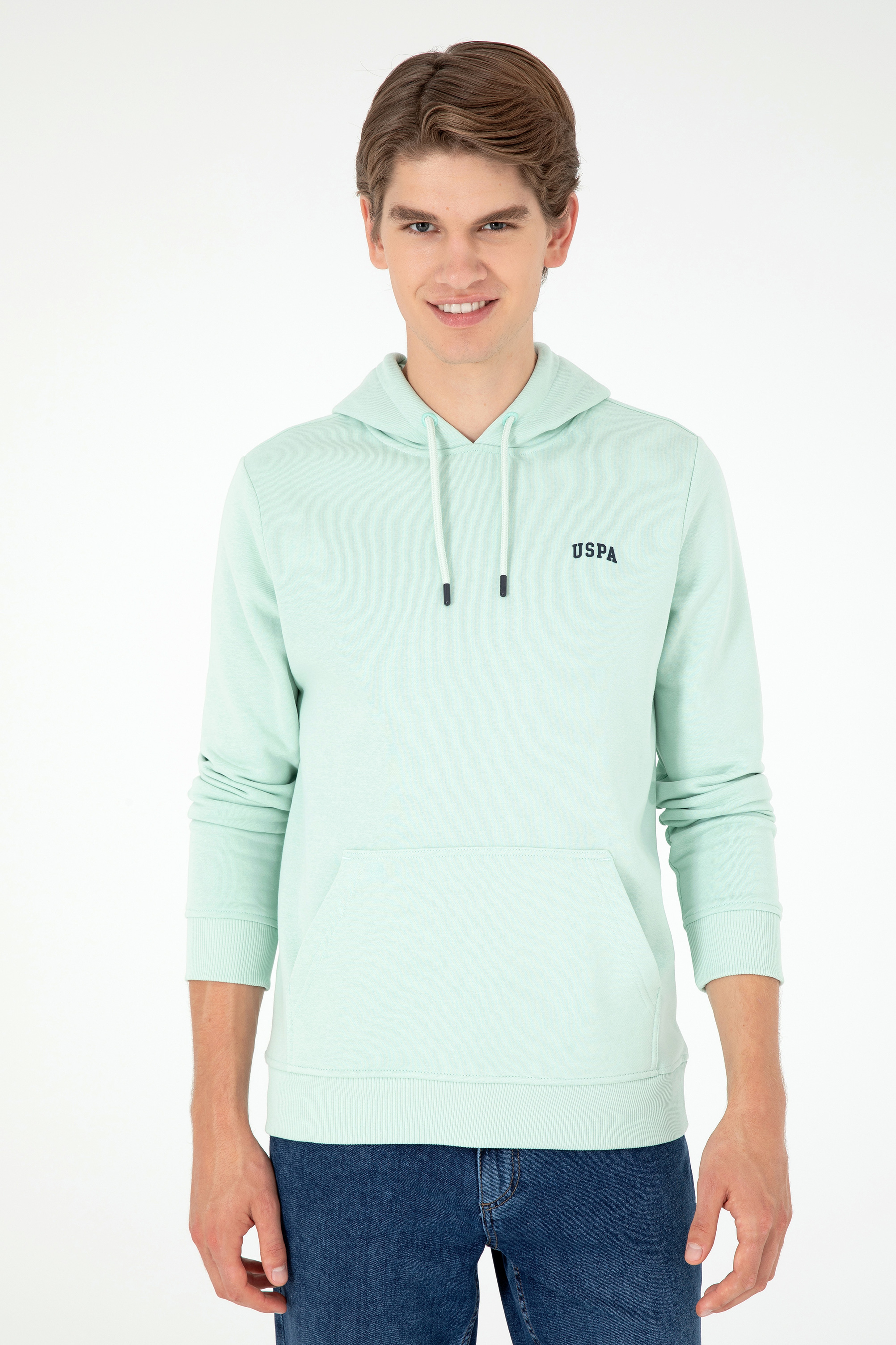 Erkek Kapüşonlu Su Yeşili Basic Şardonlu Sweatshirt - Image 3