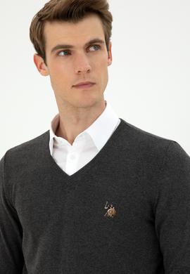 Erkek Slim Fit V Yaka Antrasit Basic Kazak - 50288885127