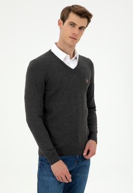 Erkek Slim Fit V Yaka Antrasit Basic Kazak - 50288885127