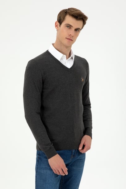 Erkek Slim Fit V Yaka Antrasit Basic Kazak