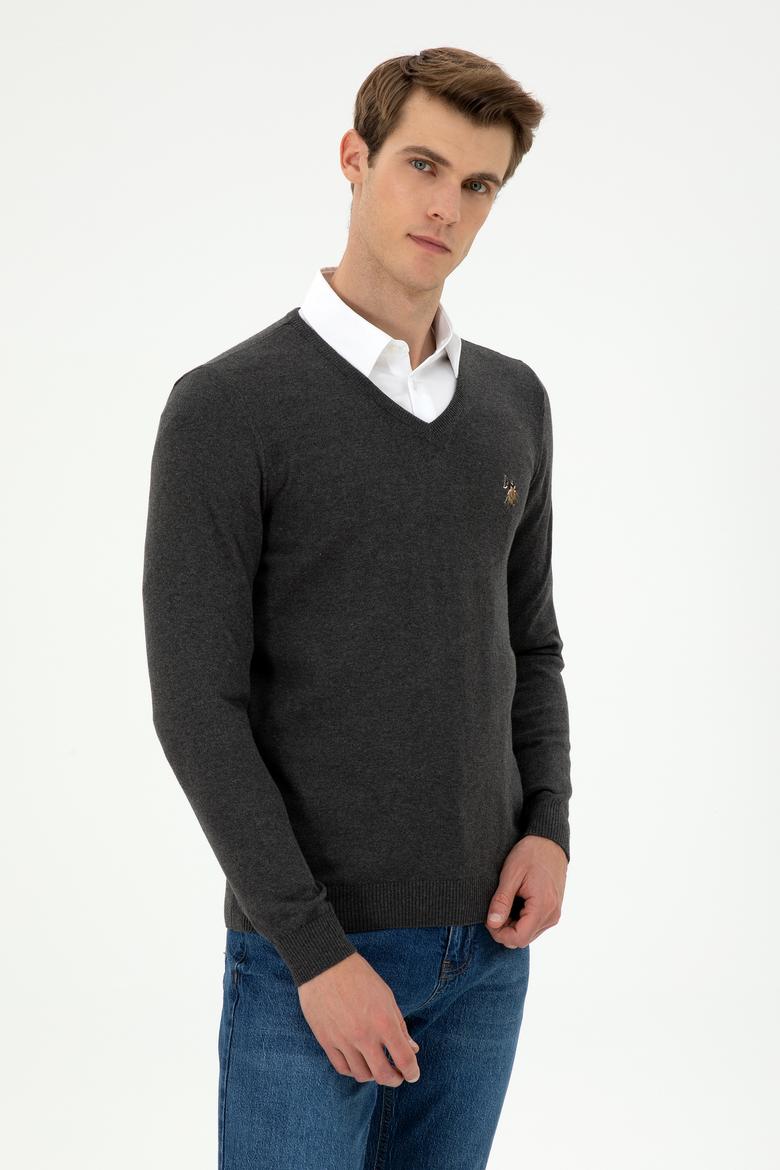 Erkek Slim Fit V Yaka Antrasit Basic Kazak