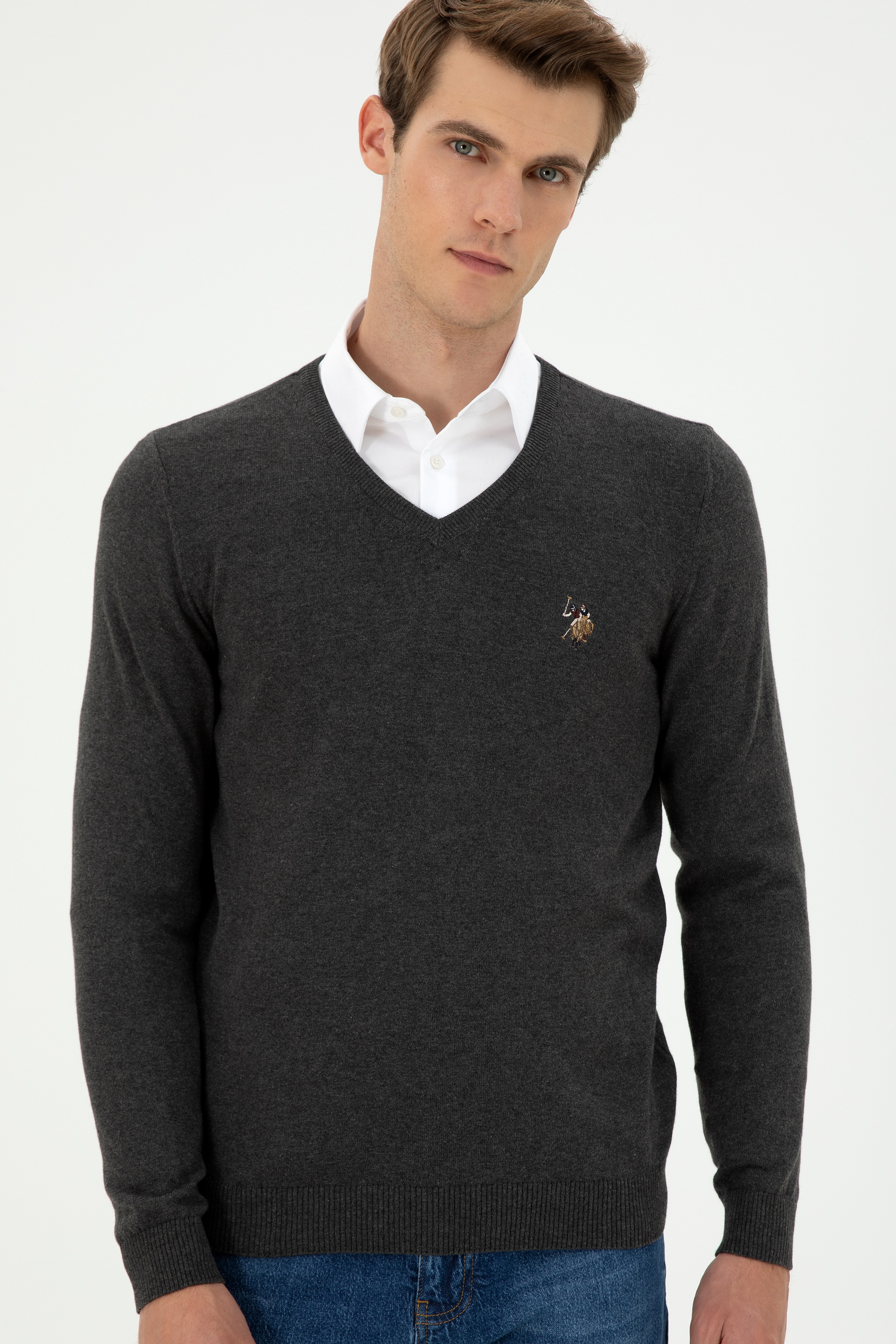 Erkek Slim Fit V Yaka Antrasit Basic Kazak