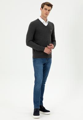 Erkek Slim Fit V Yaka Antrasit Basic Kazak - 50288885127