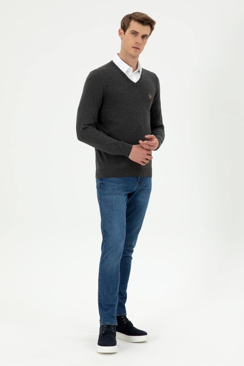 Erkek Slim Fit V Yaka Antrasit Basic Kazak - 50288885127