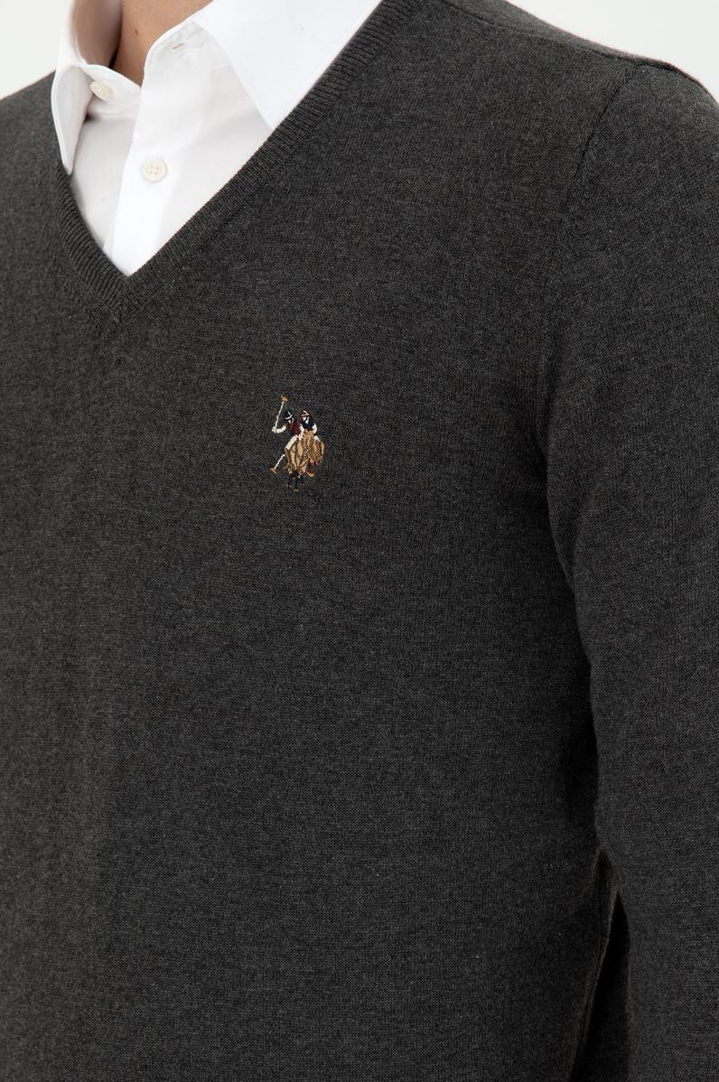 Erkek Slim Fit V Yaka Antrasit Basic Kazak