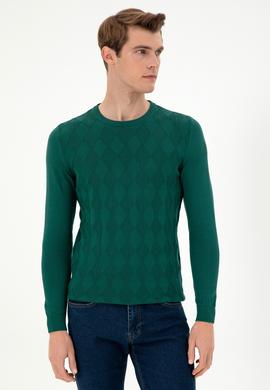 Erkek Slim Fit Bisiklet Yaka Koyu Yeşil Kazak - 50293023017