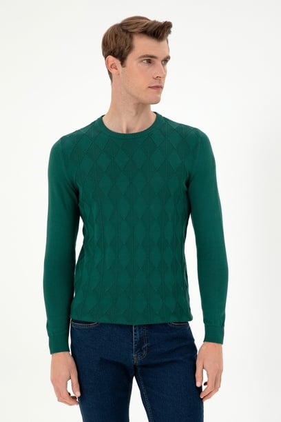 Erkek Slim Fit Bisiklet Yaka Koyu Yeşil Kazak