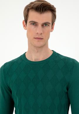 Erkek Slim Fit Bisiklet Yaka Koyu Yeşil Kazak - 50293023017