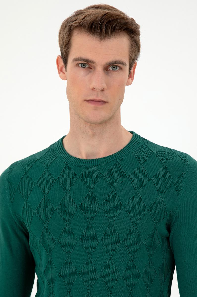 Erkek Slim Fit Bisiklet Yaka Koyu Yeşil Kazak