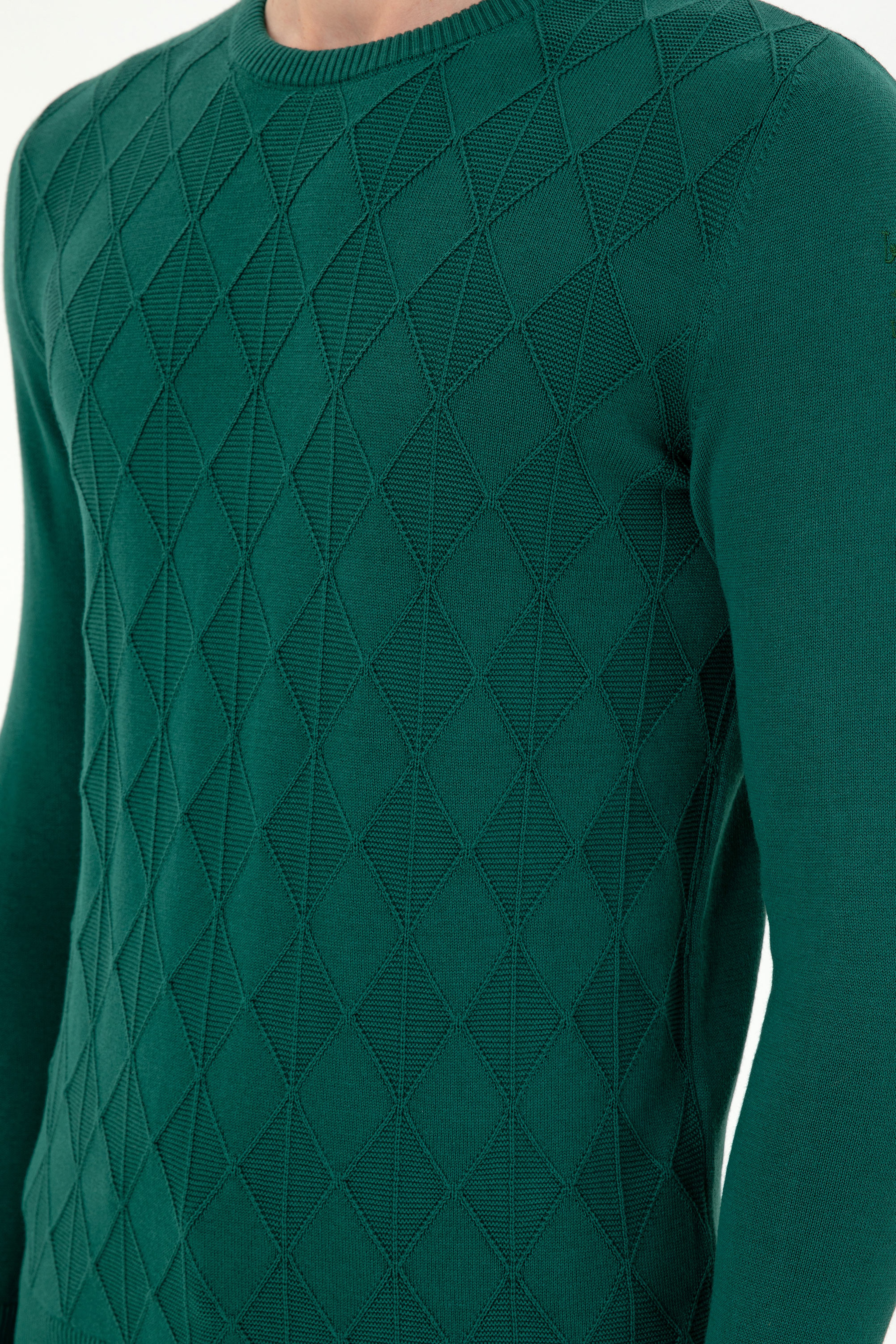 Erkek Slim Fit Bisiklet Yaka Koyu Yeşil Kazak - Image 7