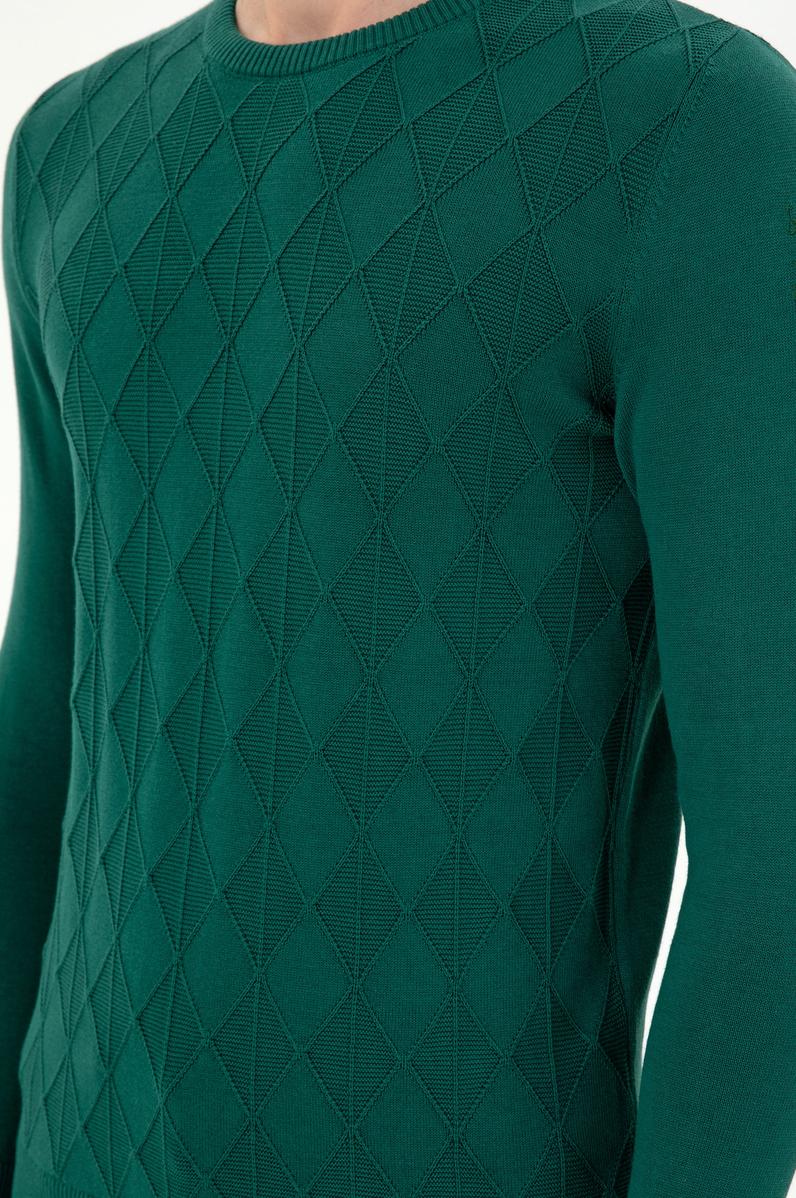 Erkek Slim Fit Bisiklet Yaka Koyu Yeşil Kazak