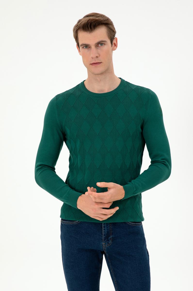 Erkek Slim Fit Bisiklet Yaka Koyu Yeşil Kazak