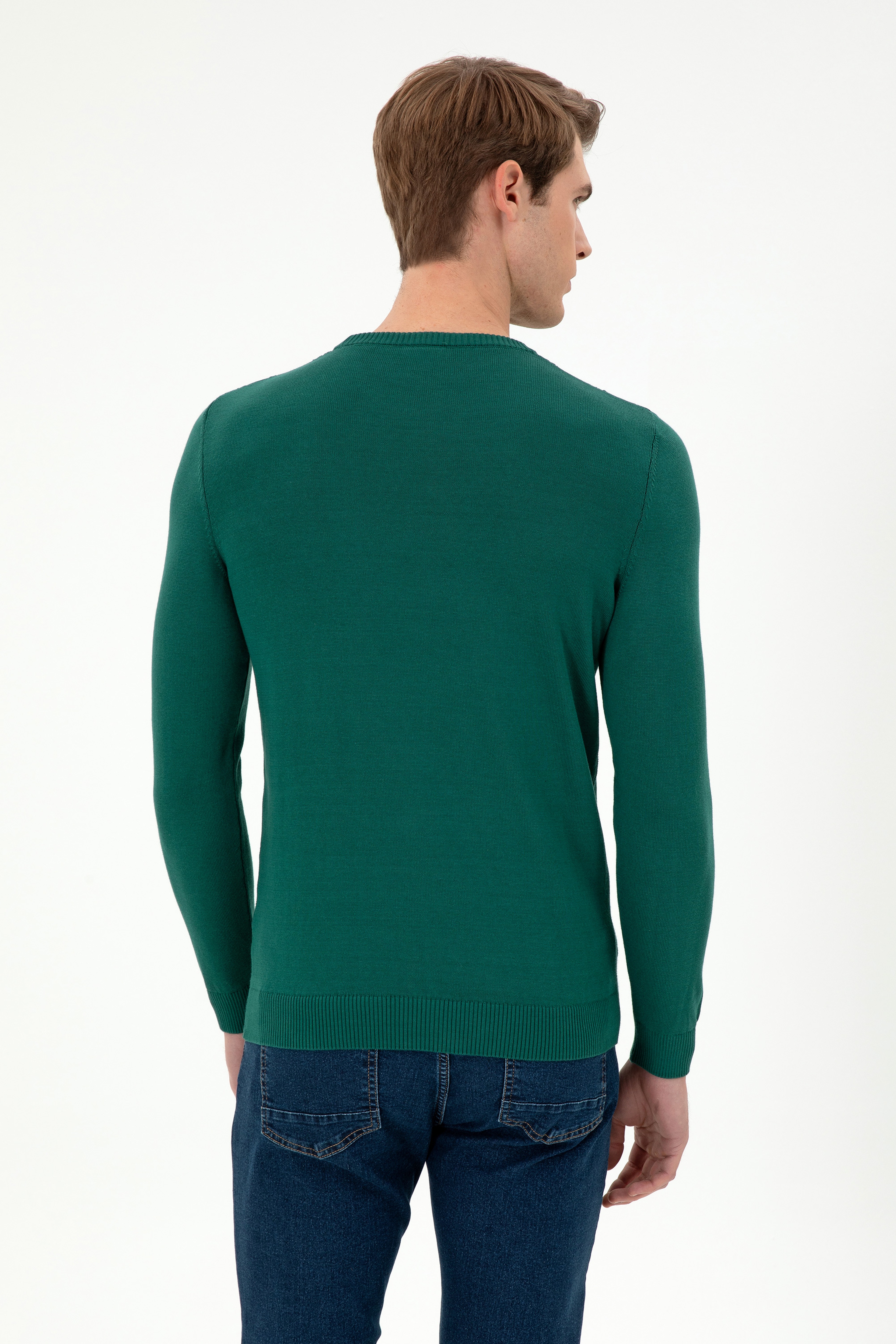 Erkek Slim Fit Bisiklet Yaka Koyu Yeşil Kazak - Image 5