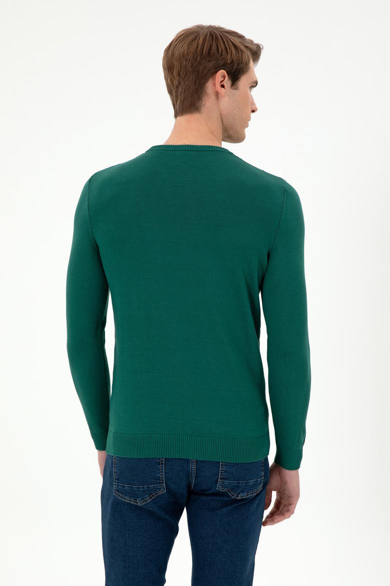 Erkek Slim Fit Bisiklet Yaka Koyu Yeşil Kazak - 50293023017