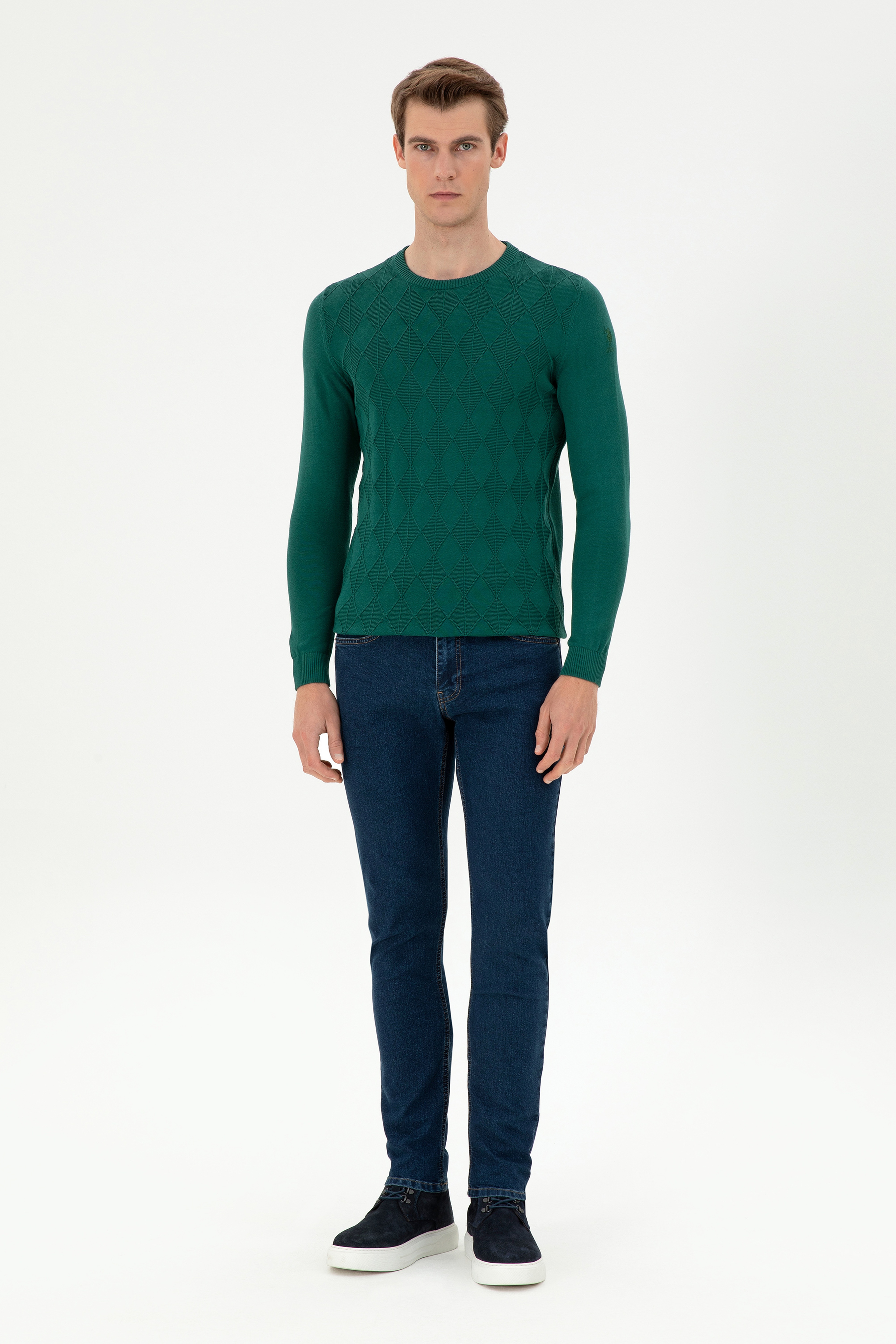 Erkek Slim Fit Bisiklet Yaka Koyu Yeşil Kazak - Image 4