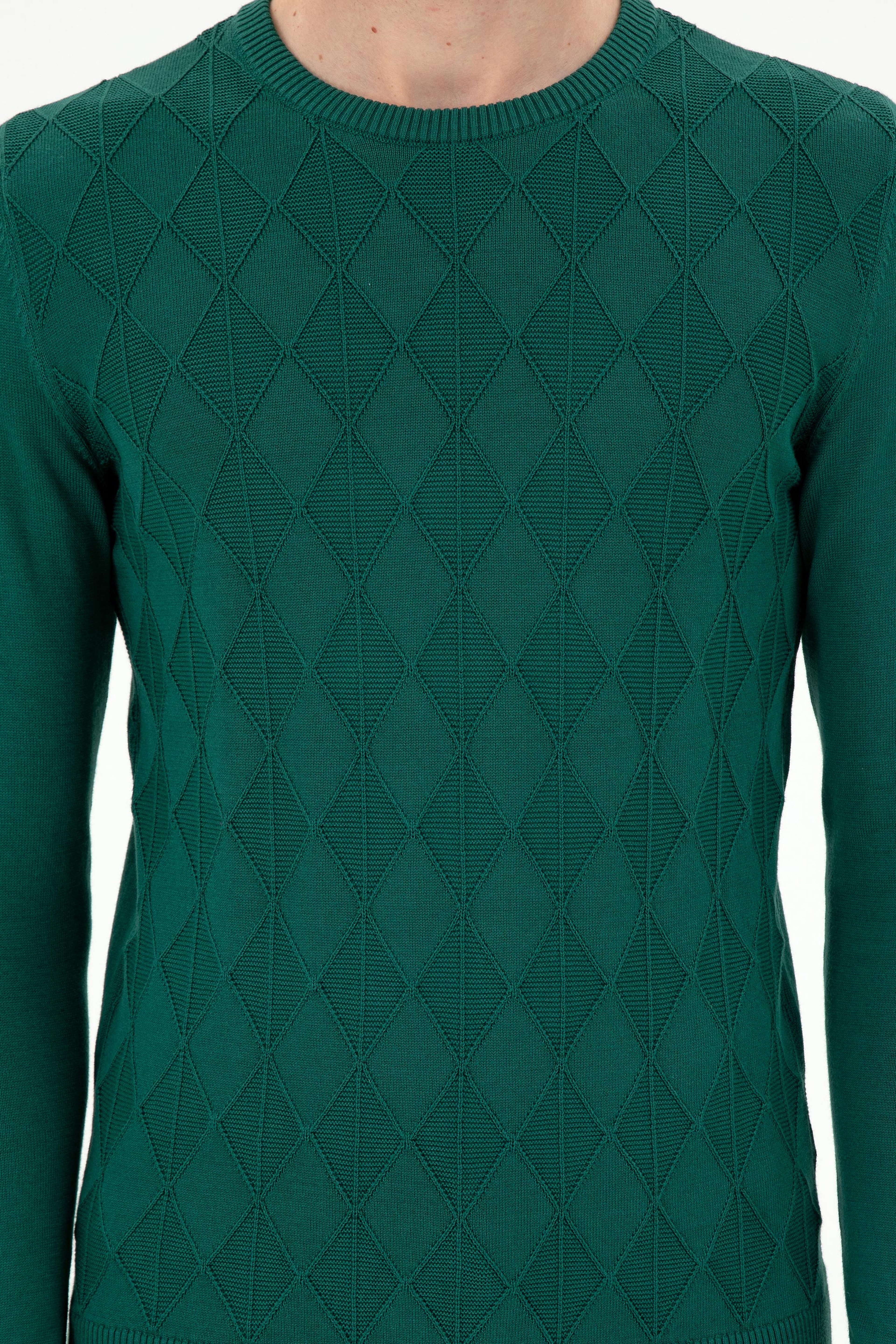 Erkek Slim Fit Bisiklet Yaka Koyu Yeşil Kazak - Image 6