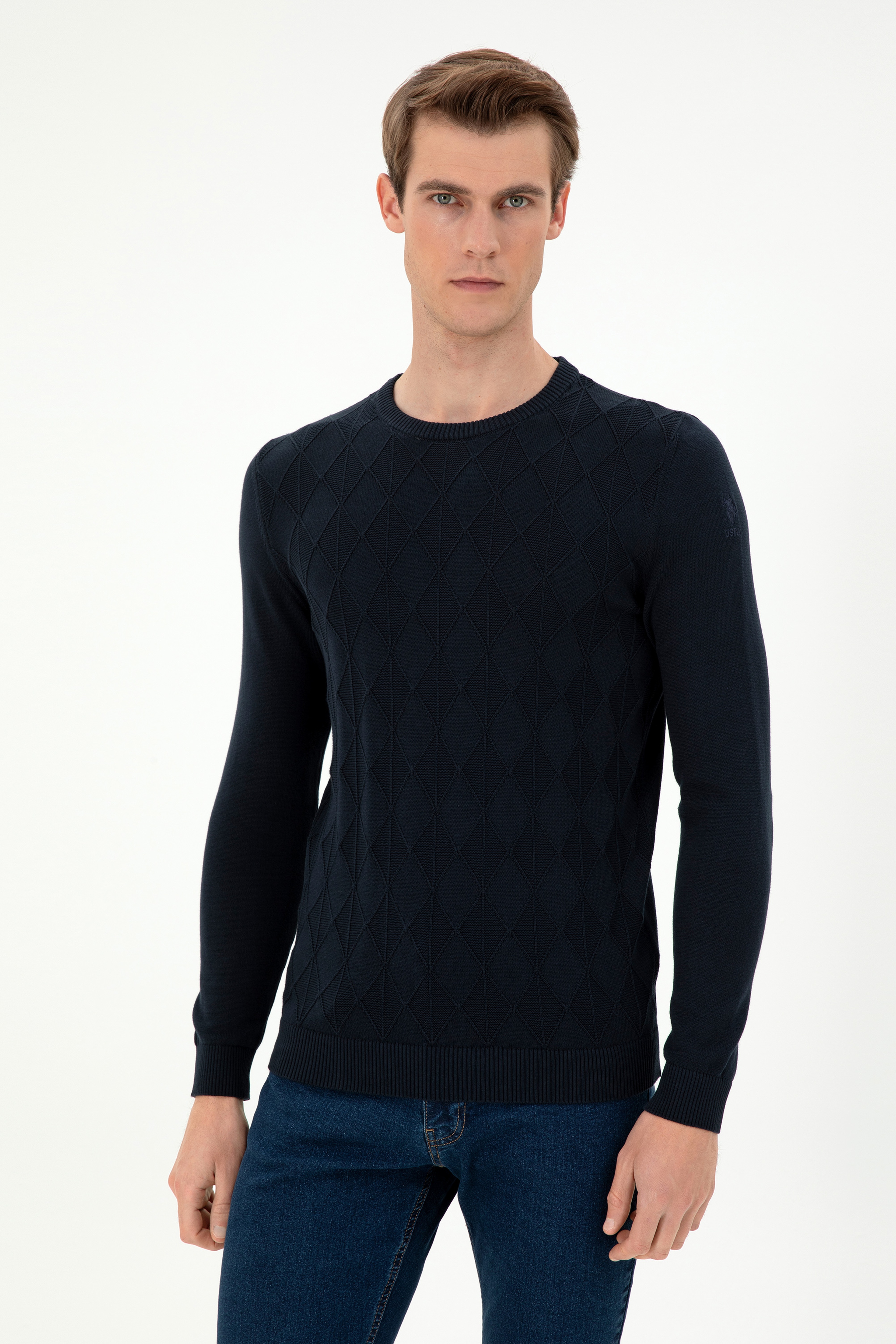 Erkek Slim Fit Bisiklet Yaka Lacivert Kazak - Image 3