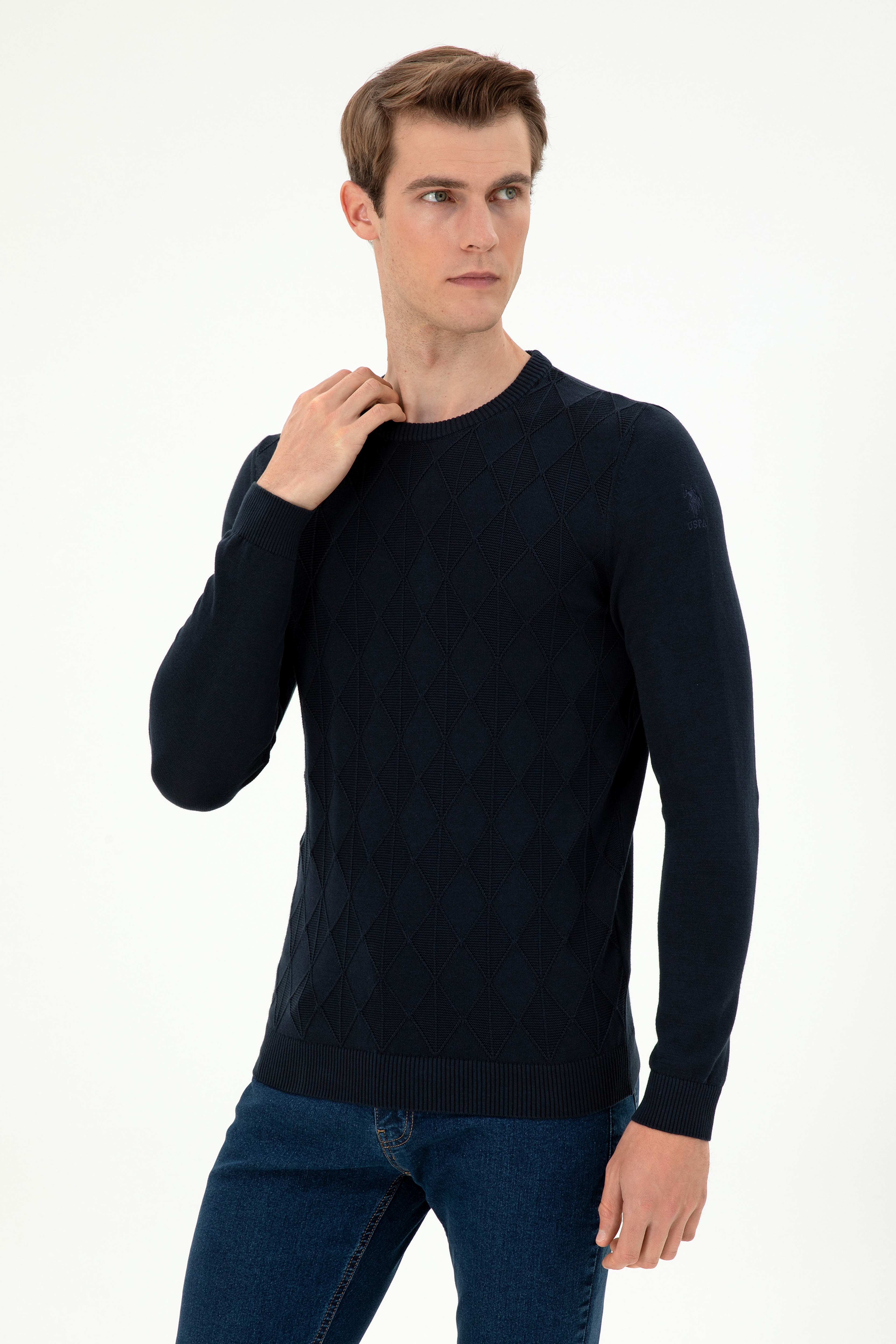 Erkek Slim Fit Bisiklet Yaka Lacivert Kazak - Image 1