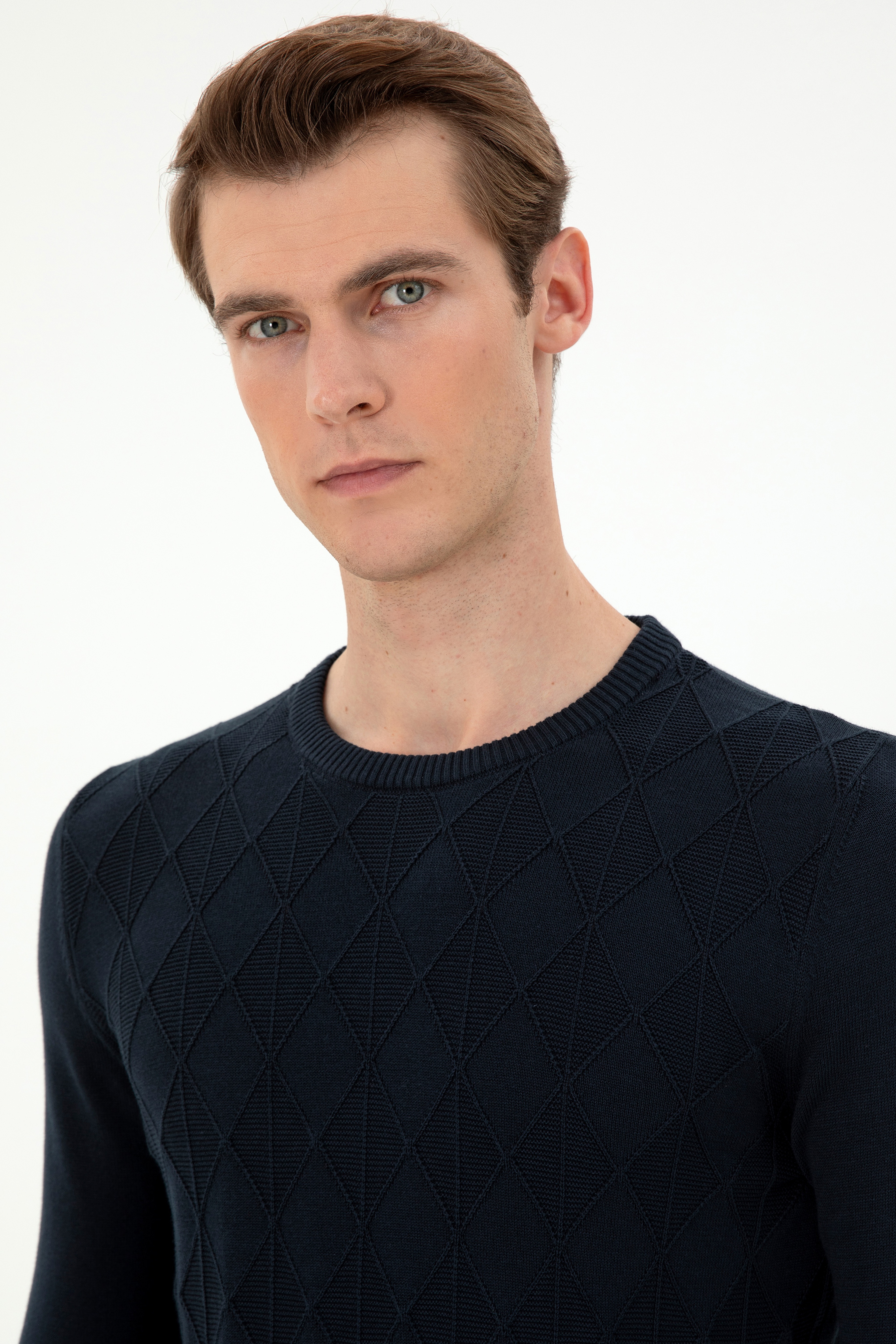 Erkek Slim Fit Bisiklet Yaka Lacivert Kazak - Image 2