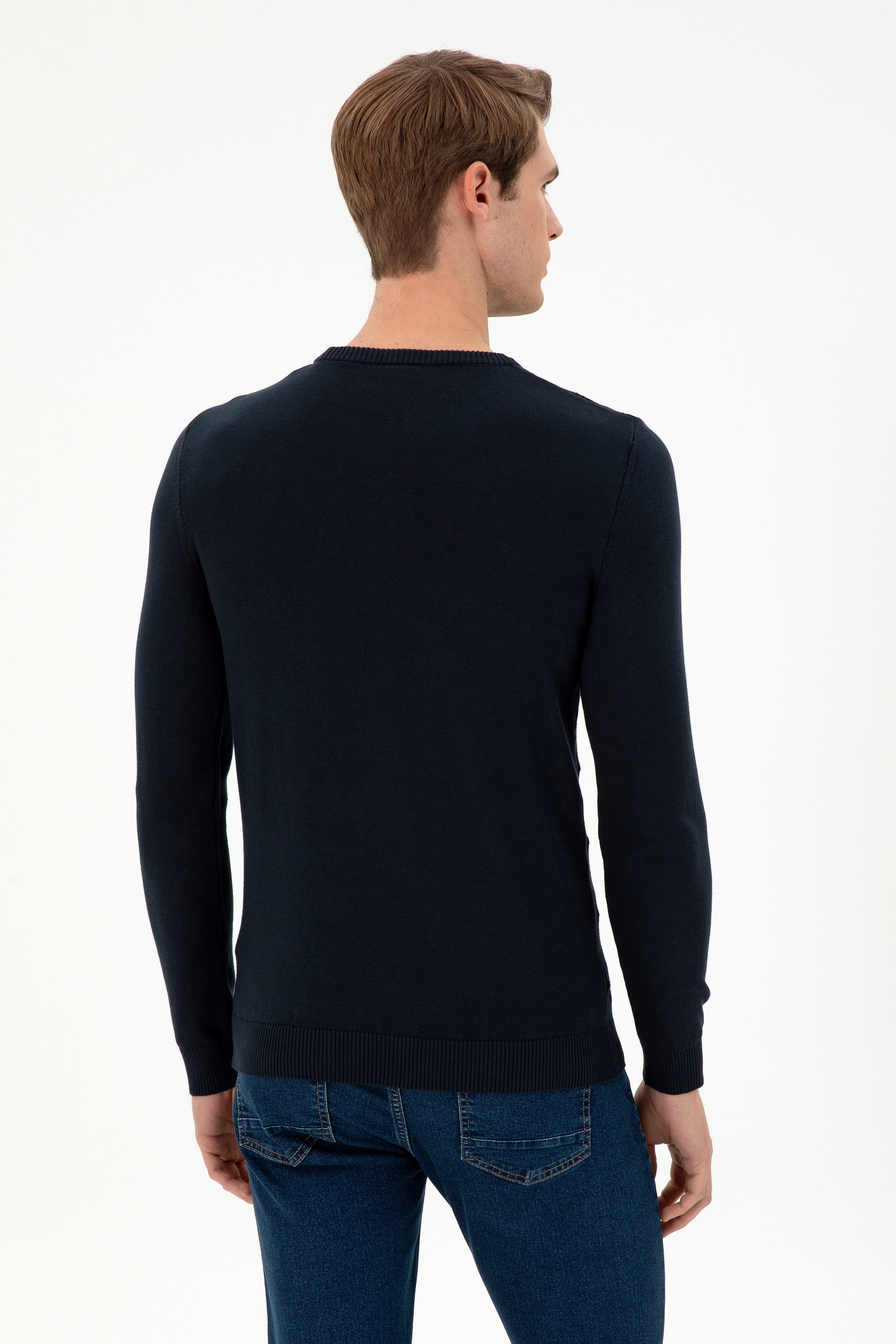 Erkek Slim Fit Bisiklet Yaka Lacivert Kazak - Image 5