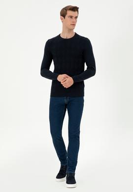 Erkek Slim Fit Bisiklet Yaka Lacivert Kazak - 50293023043