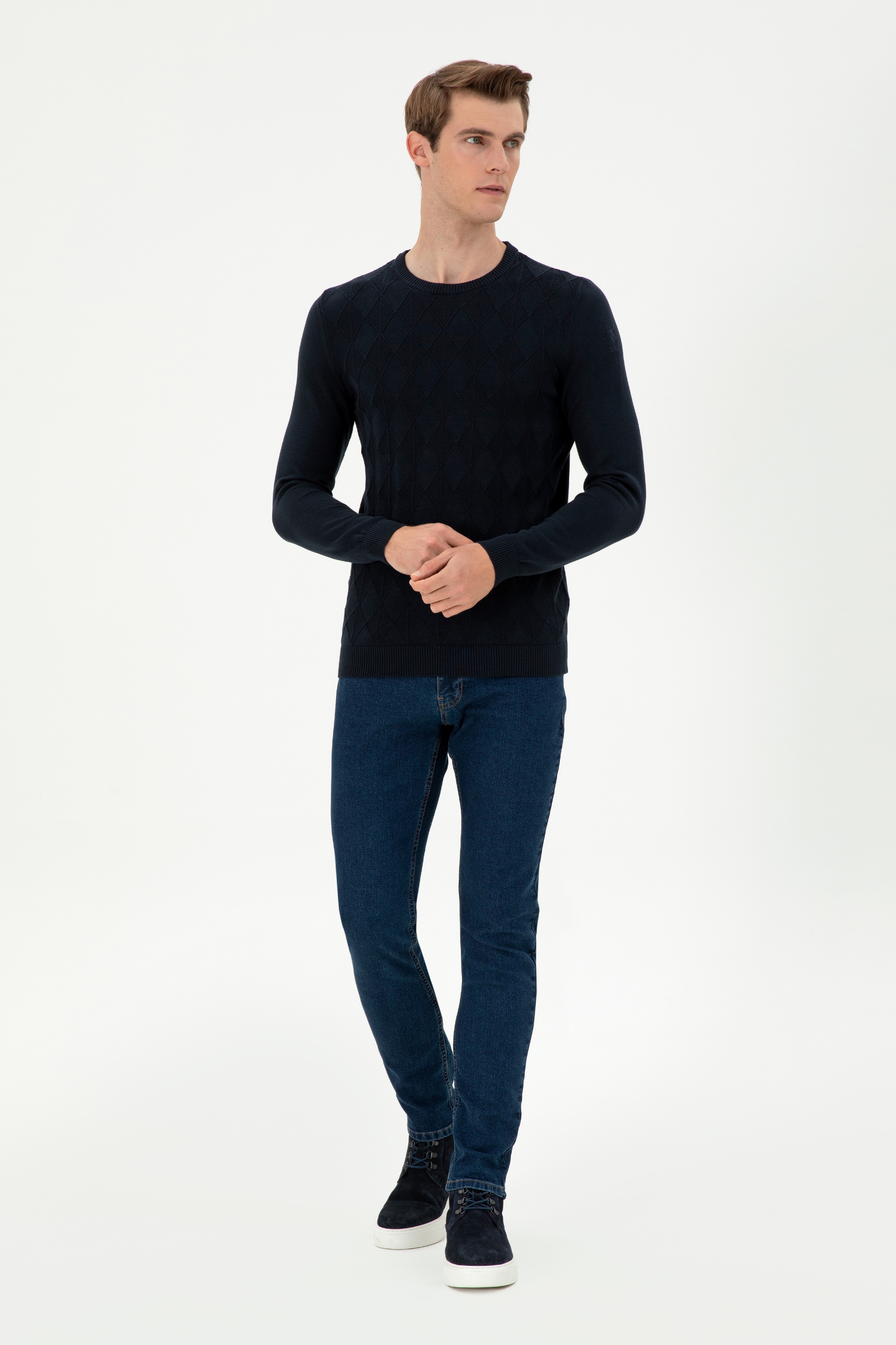 Erkek Slim Fit Bisiklet Yaka Lacivert Kazak - Image 4