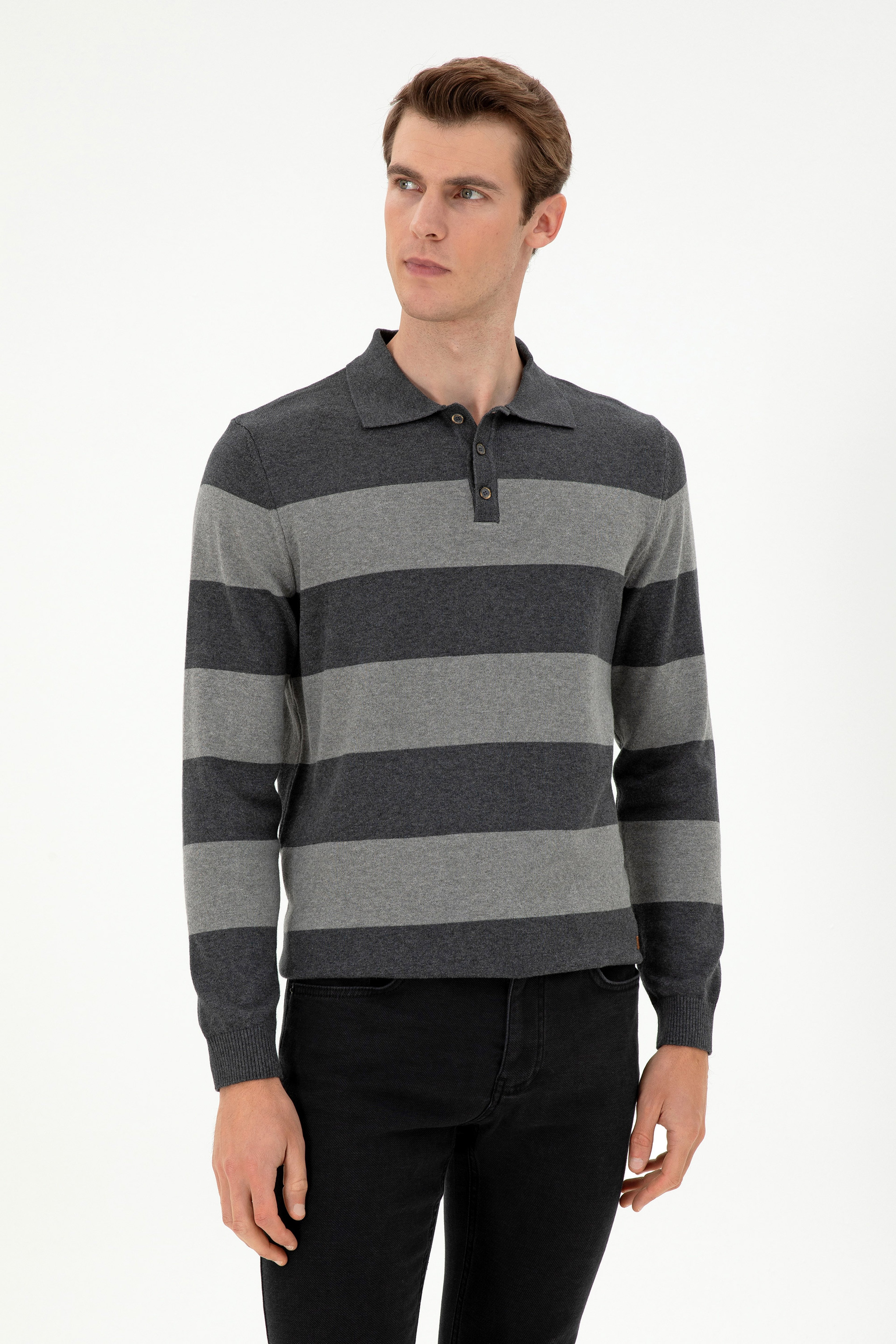 Erkek Regular Fit Polo Yaka Antrasit Melanj Kazak