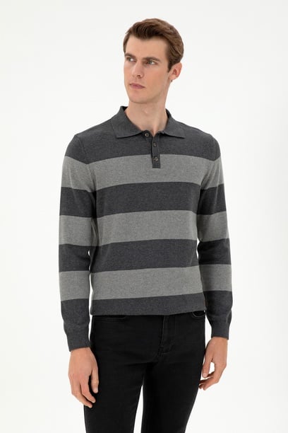 Erkek Regular Fit Polo Yaka Antrasit Melanj Kazak