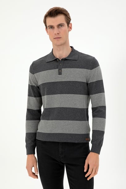 Erkek Regular Fit Polo Yaka Antrasit Melanj Kazak