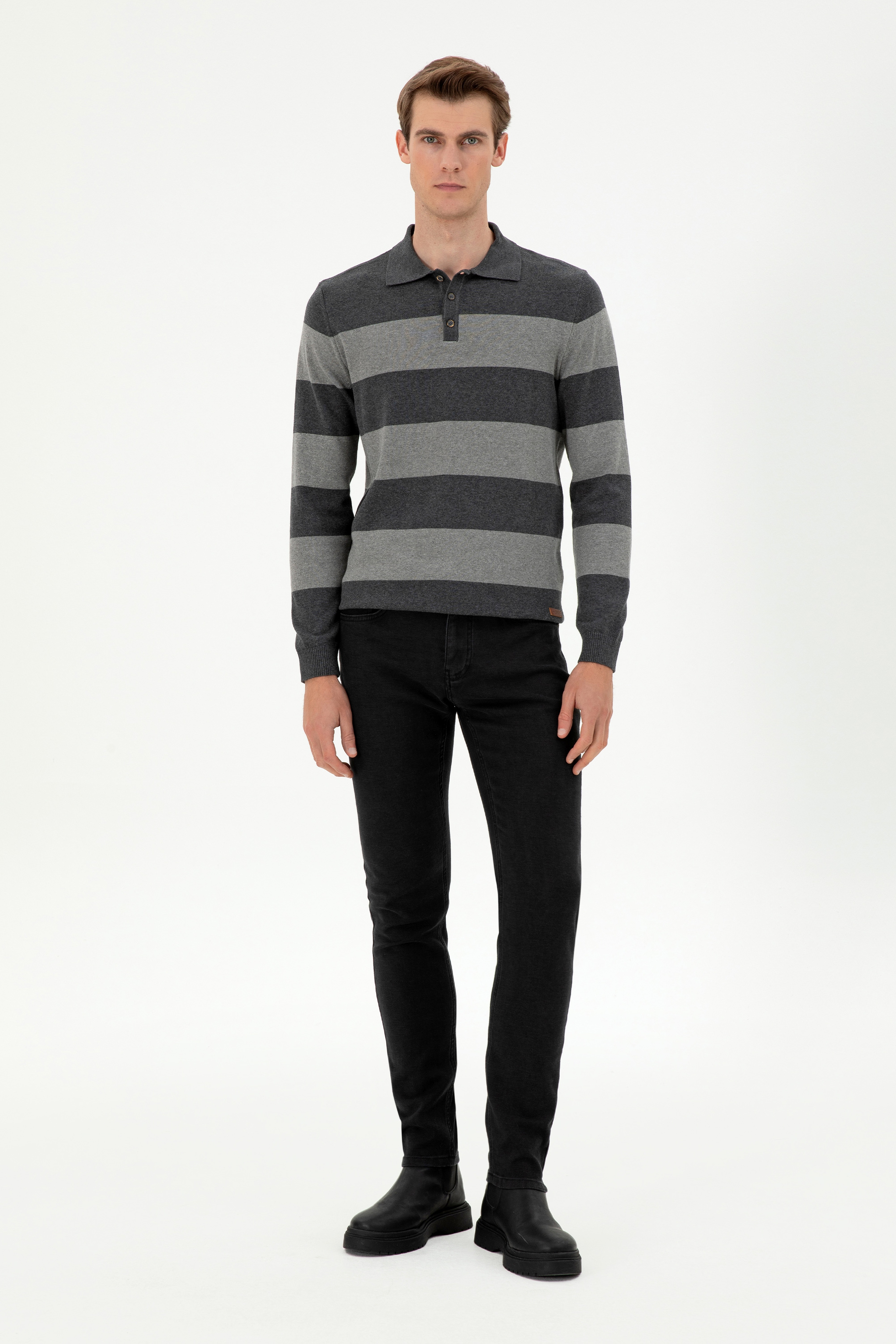 Erkek Regular Fit Polo Yaka Antrasit Melanj Kazak - Image 4