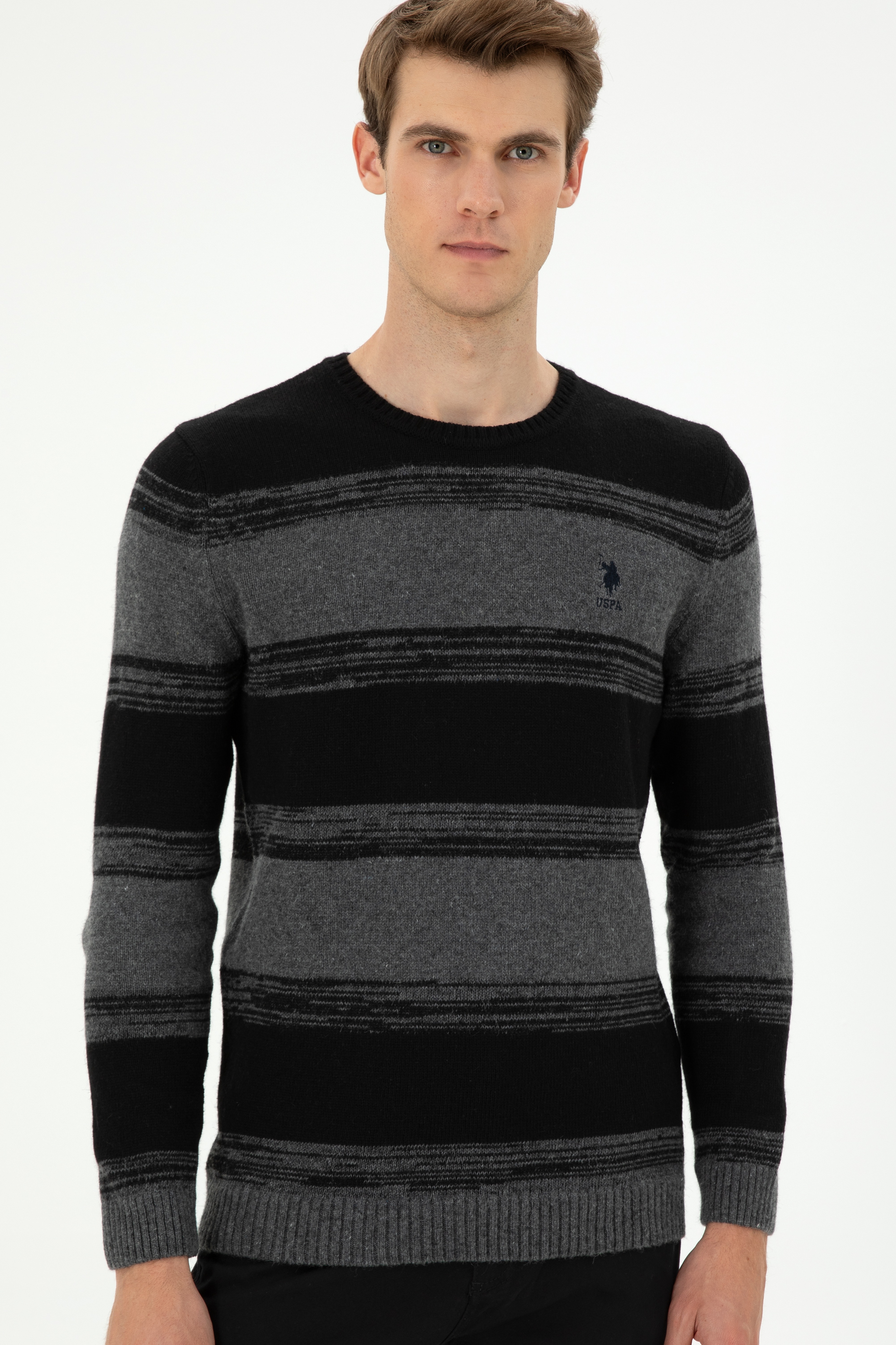 Erkek Slim Fit Bisiklet Yaka Antrasit Melanj Kazak
