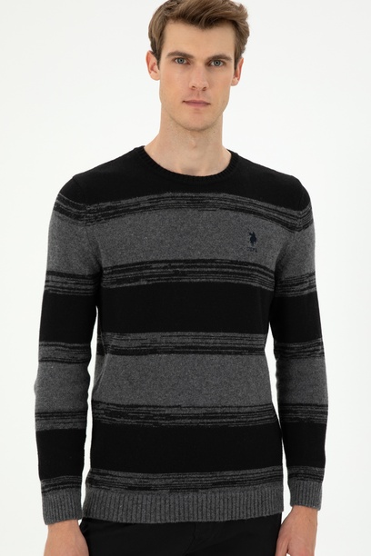 Erkek Slim Fit Bisiklet Yaka Antrasit Melanj Kazak