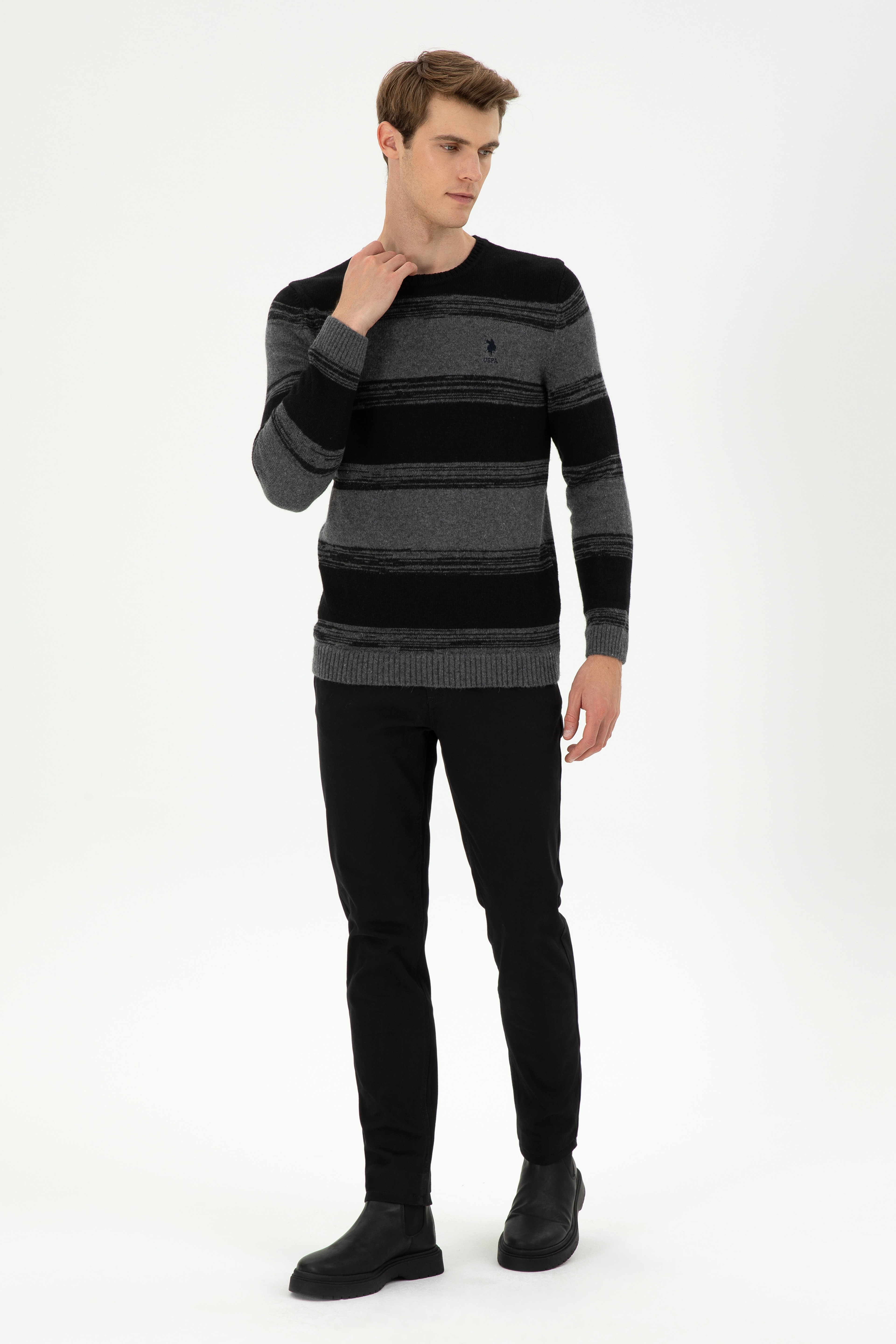 Erkek Slim Fit Bisiklet Yaka Antrasit Melanj Kazak - Image 4