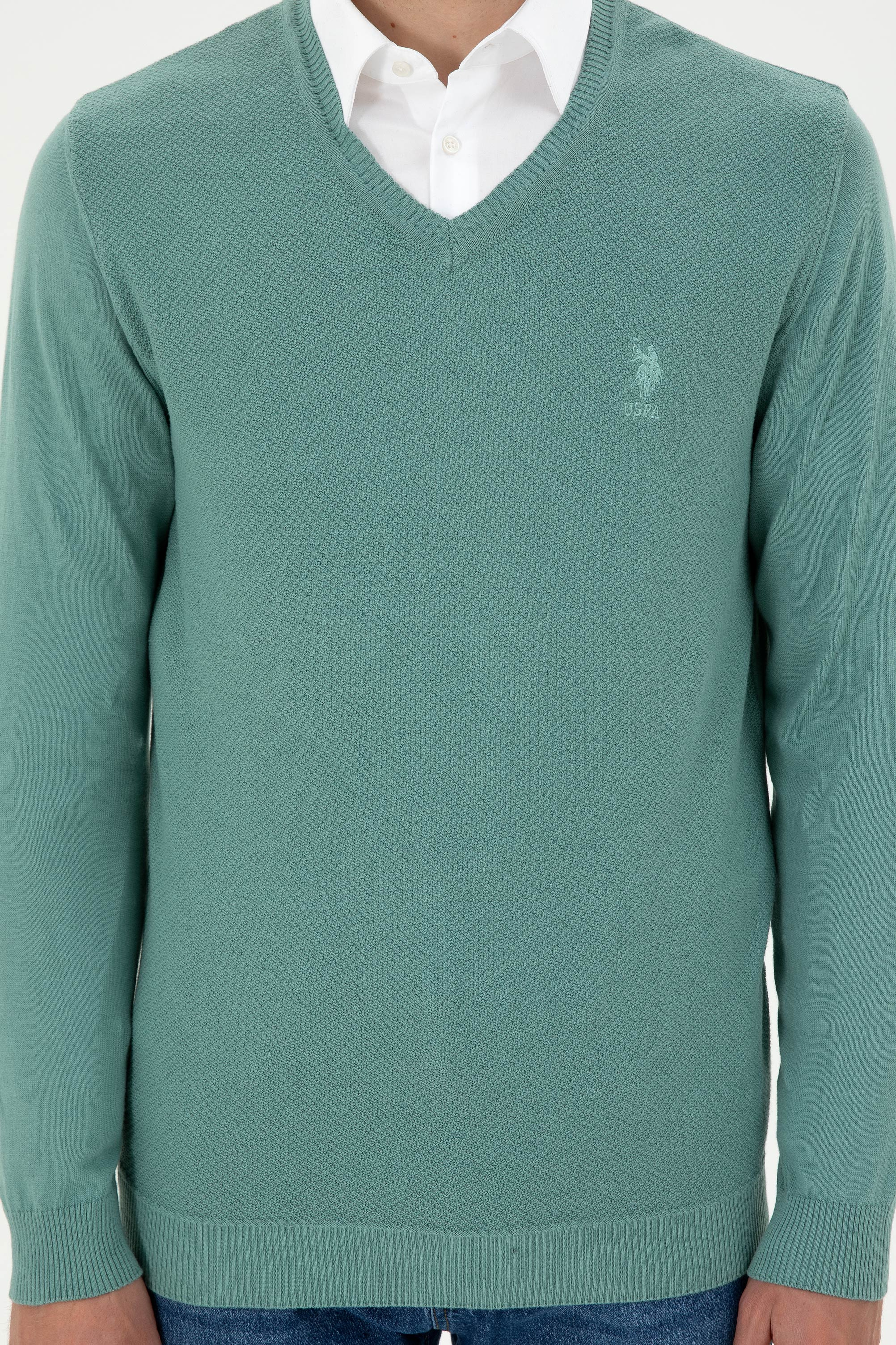 Erkek Slim Fit V Yaka Mint Basic Kazak - Image 6
